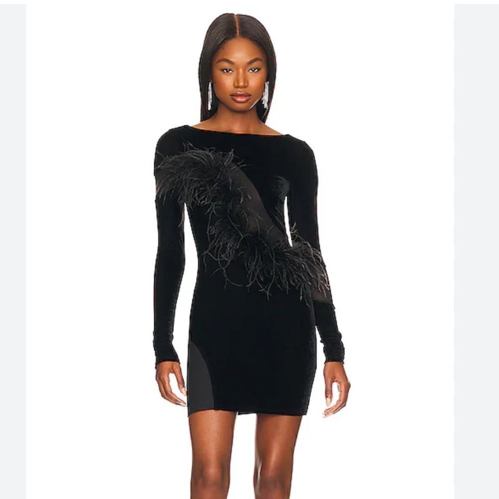 Camila Coelho Florence Mini Dress velvet cut out feather trim Revolve Sz S